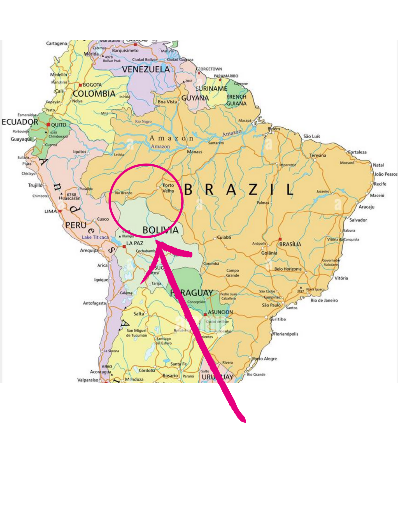 map of south america with circle around bolivia and brasil 